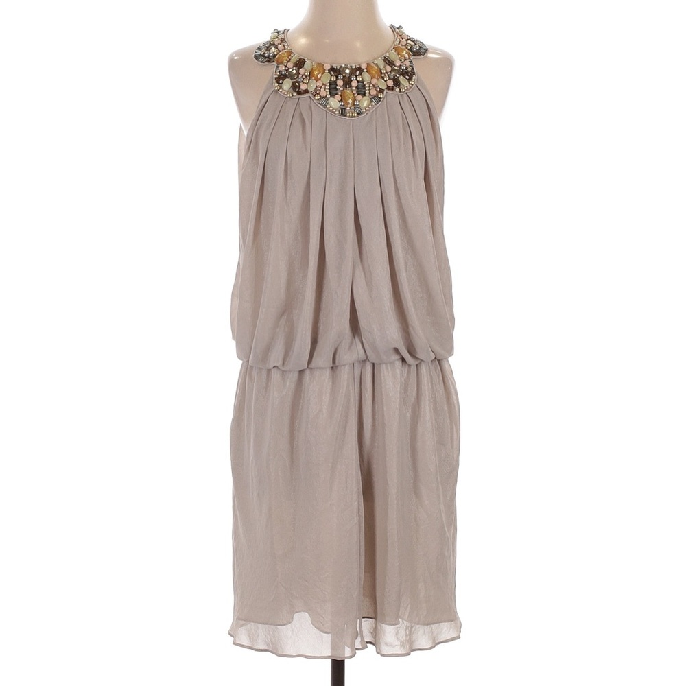 BEADED YOKE DRESS RESORT WEAR COCKTAIL DRESS TAUPE GRAY DROP WAIST SIZE 12